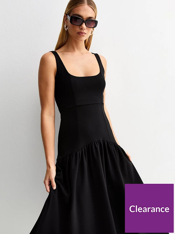 Square Neck Midi Dress-Black
