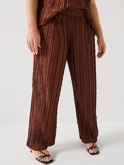 V by Very Curve Plisse Top and Wide Leg Trouser Co-Ord - Dark Brown