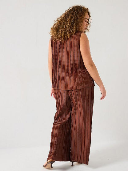V by Very Curve Plisse Top and Wide Leg Trouser Co-Ord - Dark Brown