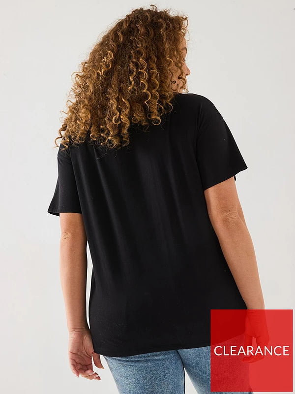 V by Very Curve Diamante Floral Motif T-Shirt - Black