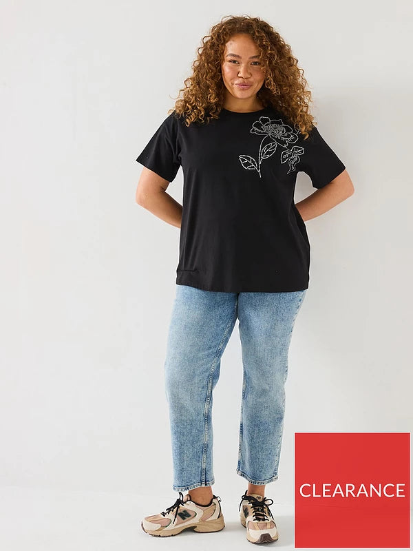 V by Very Curve Diamante Floral Motif T-Shirt - Black