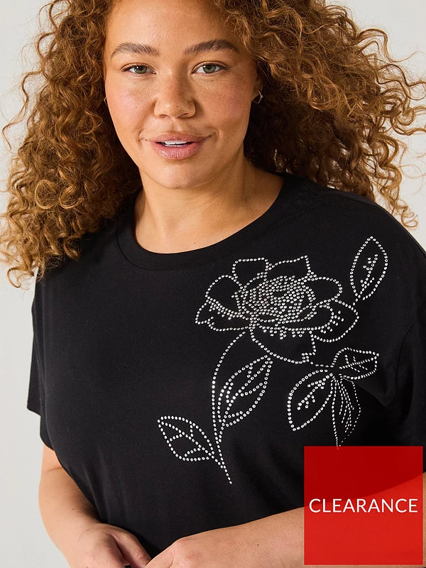 V by Very Curve Diamante Floral Motif T-Shirt - Black