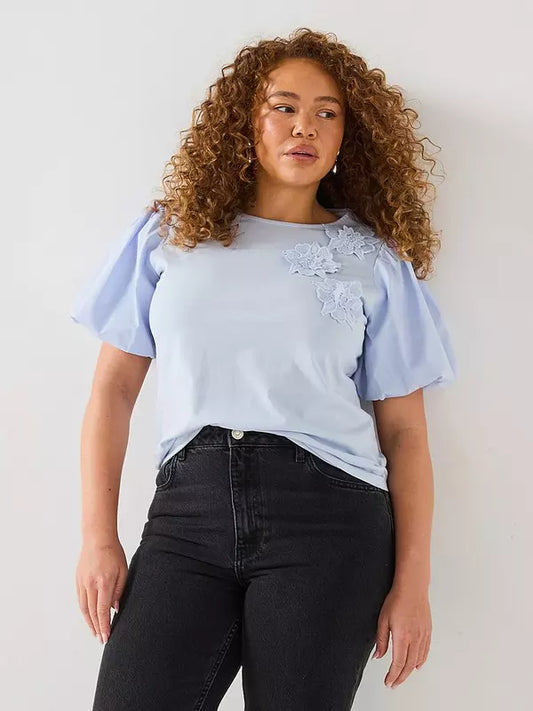 V by Very Curve Puff Sleeve 3D Floral Top - Light Blue
