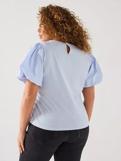 V by Very Curve Puff Sleeve 3D Floral Top - Light Blue