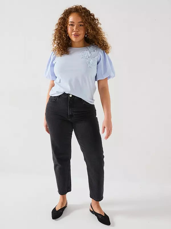 V by Very Curve Puff Sleeve 3D Floral Top - Light Blue