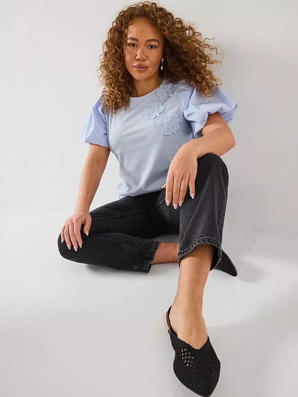 V by Very Curve Puff Sleeve 3D Floral Top - Light Blue