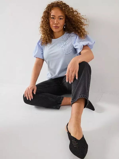 V by Very Curve Puff Sleeve 3D Floral Top - Light Blue