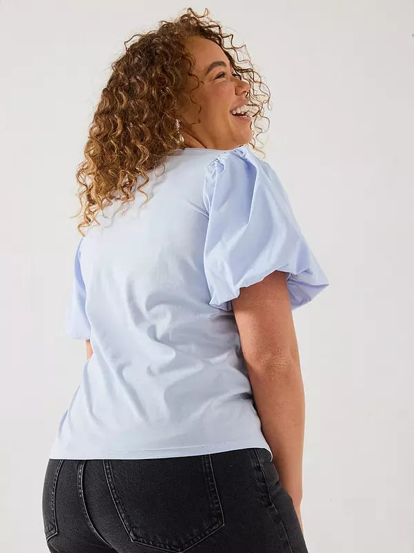 V by Very Curve Puff Sleeve 3D Floral Top - Light Blue