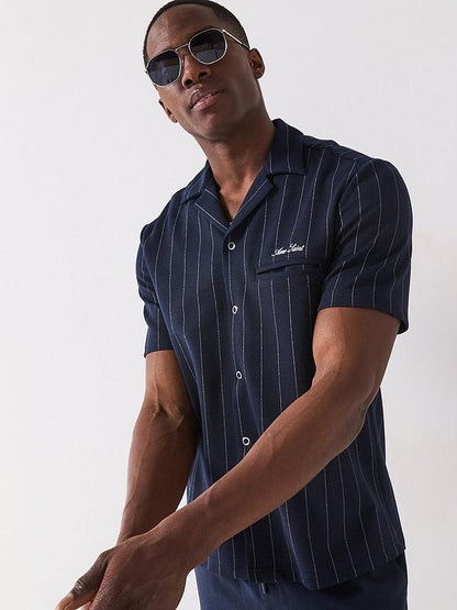River Island Short Sleeve Regular Fit Pin Stripe Shirt - Navy