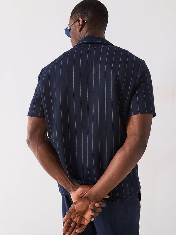 River Island Short Sleeve Regular Fit Pin Stripe Shirt - Navy