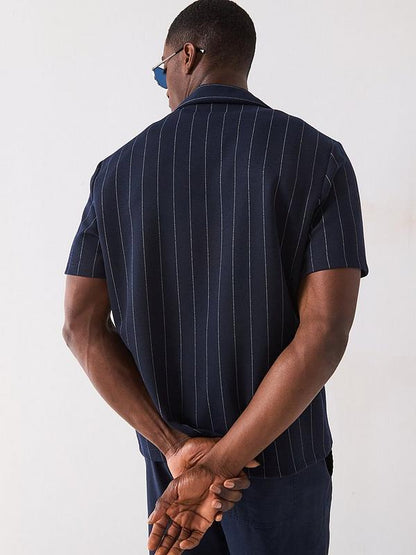 River Island Short Sleeve Regular Fit Pin Stripe Shirt - Navy