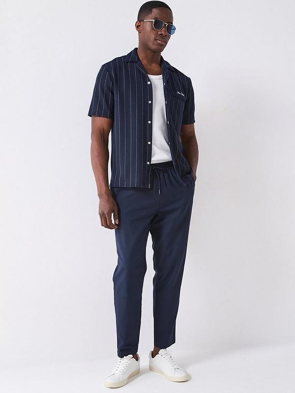 River Island Short Sleeve Regular Fit Pin Stripe Shirt - Navy
