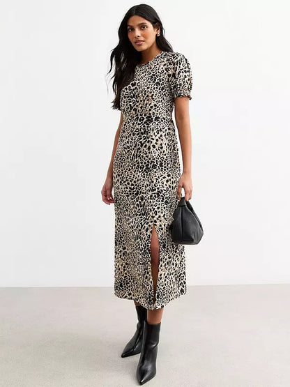 Brown Leopard Print Puff Sleeve Midi Dress