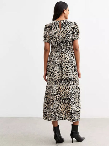 Brown Leopard Print Puff Sleeve Midi Dress