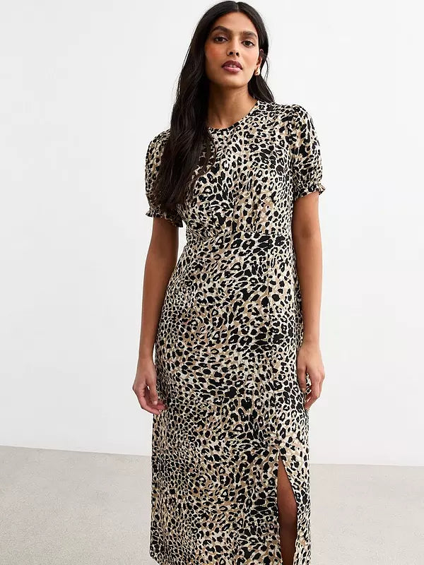 Brown Leopard Print Puff Sleeve Midi Dress