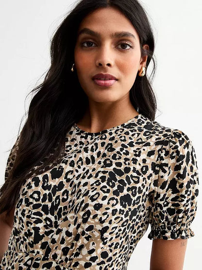 Brown Leopard Print Puff Sleeve Midi Dress