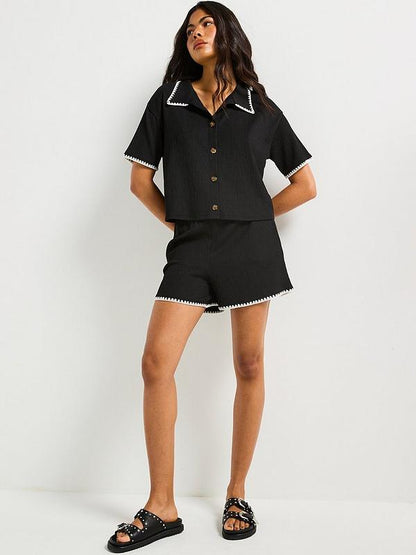 V by Very Whipstitch Button Up Shirt Co-Ord - Black