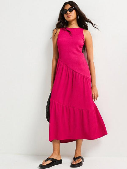 Asymmetric Textured Tiered Midaxi Dress - Pink