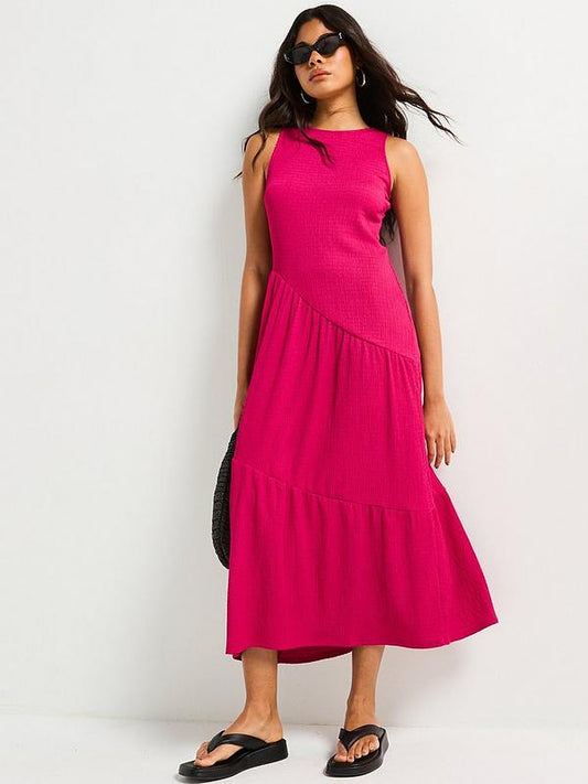 Asymmetric Textured Tiered Midaxi Dress - Pink