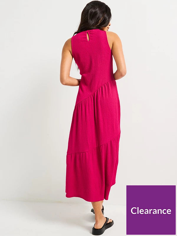Asymmetric Textured Tiered Midaxi Dress - Pink