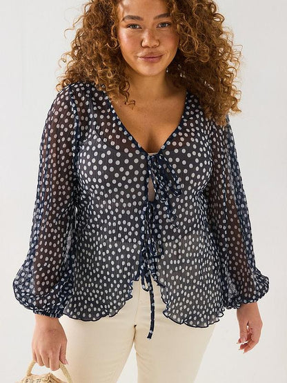 V by Very Curve Tie Detail Mesh Top - Multi