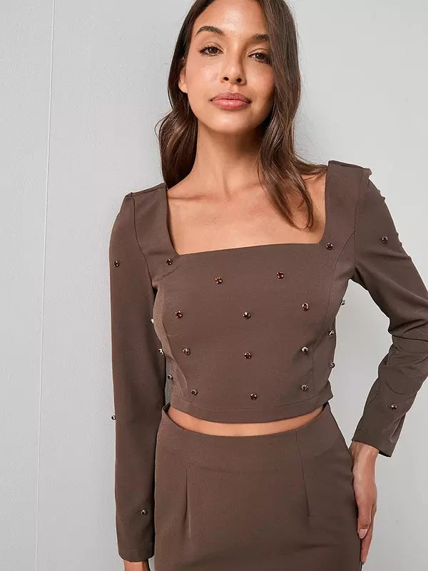 Embellished Detail Top Brown