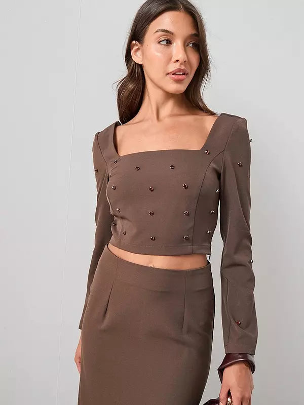Embellished Detail Top Brown