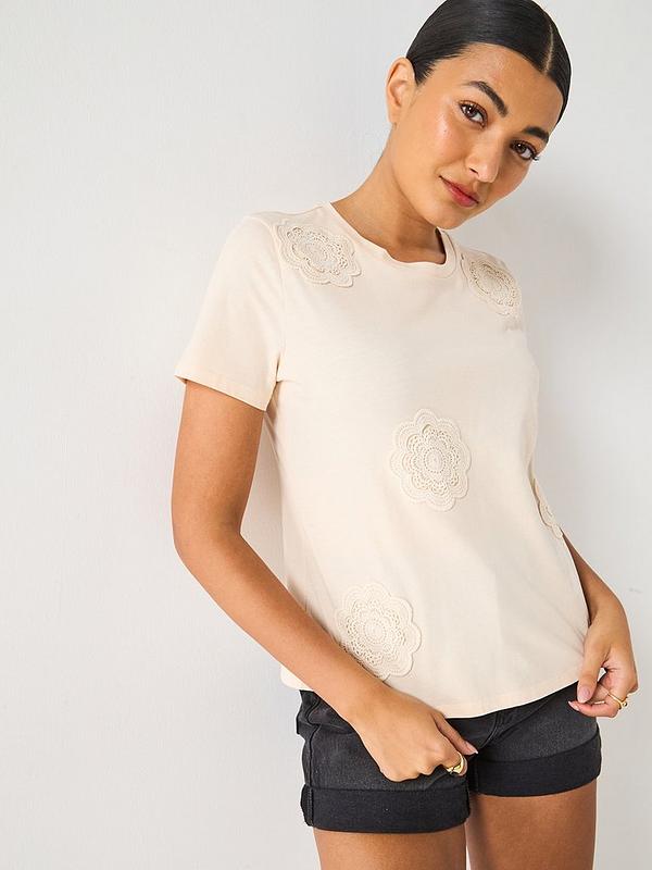 V by Very Crochet Flower T-Shirt - Taupe