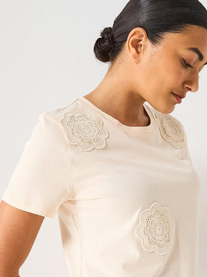 V by Very Crochet Flower T-Shirt - Taupe