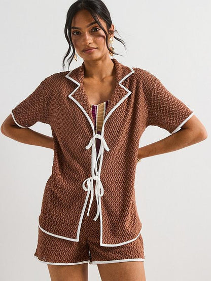 V by Very Textured Tie Front Top Contrast Trim Co-Ord - Brown