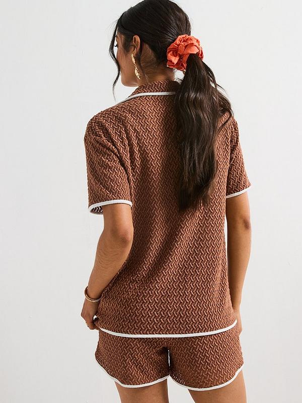 V by Very Textured Tie Front Top Contrast Trim Co-Ord - Brown