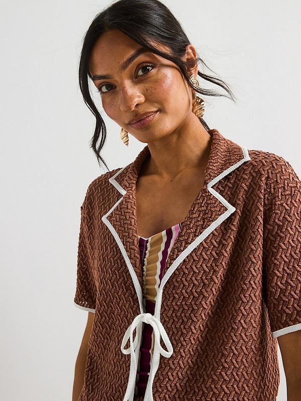 V by Very Textured Tie Front Top Contrast Trim Co-Ord - Brown