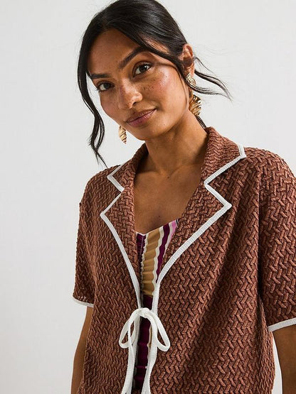 V by Very Textured Tie Front Top Contrast Trim Co-Ord - Brown