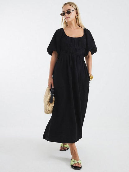 River Island Petite Short Sleeve Linen Midi Dress - Black