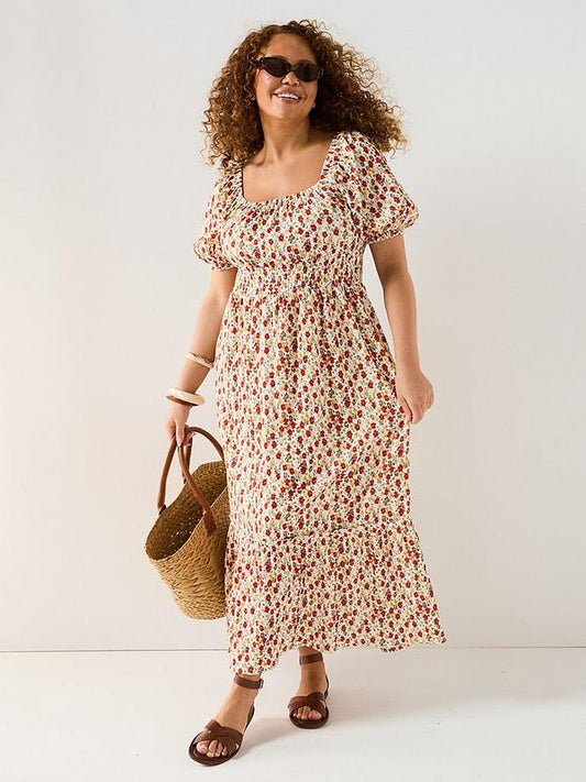 V by Very Curve Shirred Waist Ditsy Midi Dress - Print