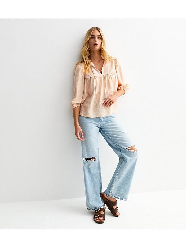 New Look Lace Trim Tie Neck Blouse - Pink