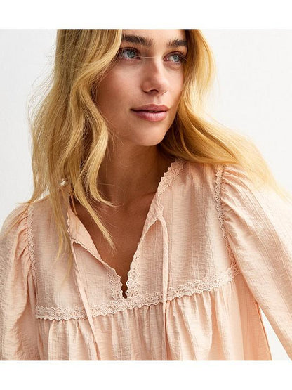 New Look Lace Trim Tie Neck Blouse - Pink