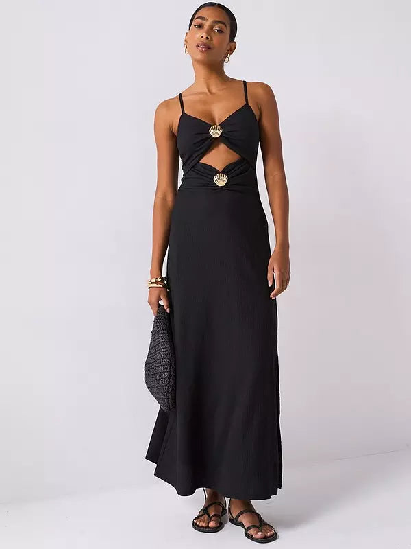 Shell Detail Cut Out Maxi Dress - Black