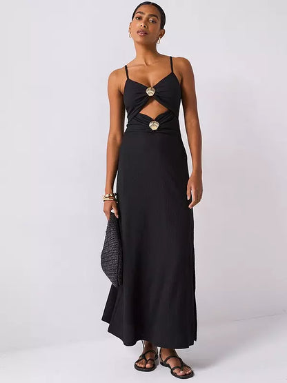 Shell Detail Cut Out Maxi Dress - Black