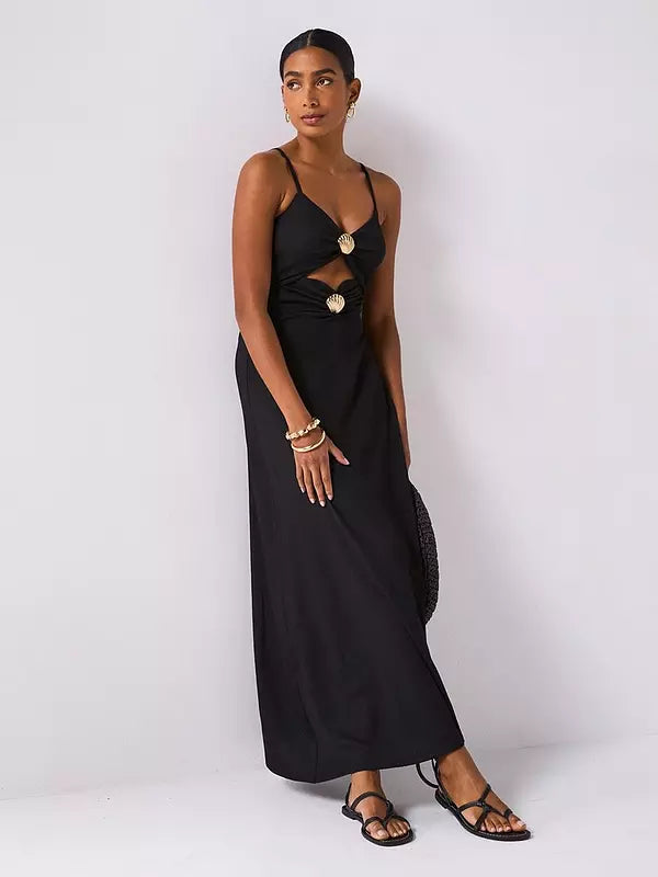 Shell Detail Cut Out Maxi Dress - Black
