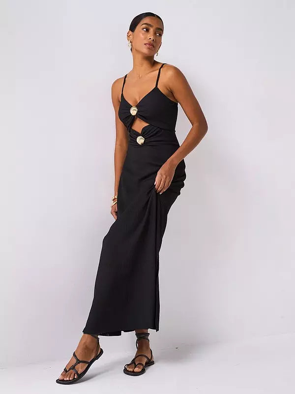 Shell Detail Cut Out Maxi Dress - Black