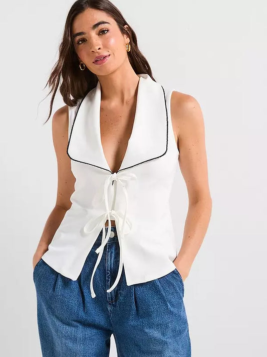 Contrast Piping Tie Up Top - Ecru