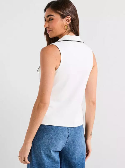 Contrast Piping Tie Up Top - Ecru