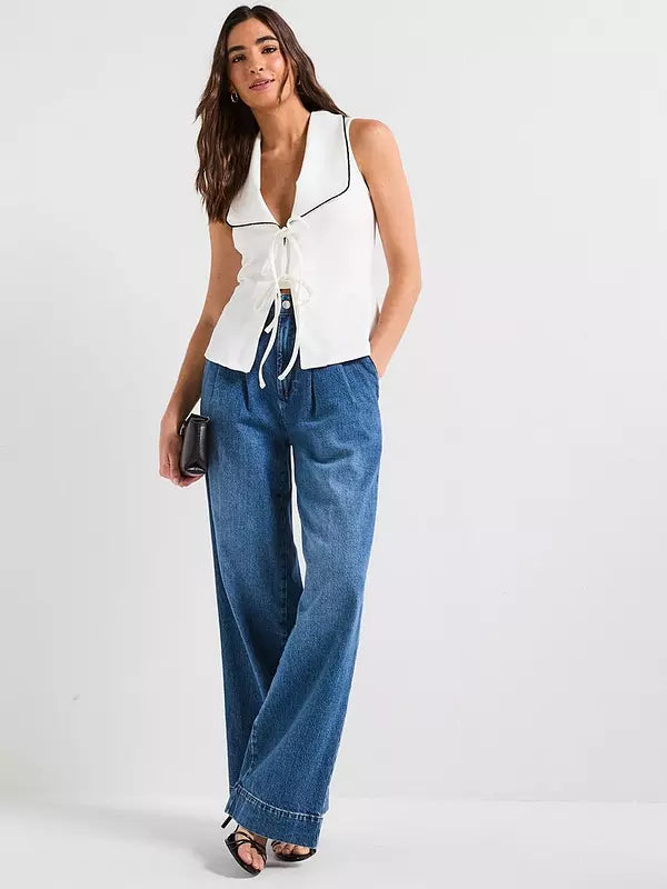 Contrast Piping Tie Up Top - Ecru