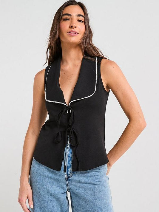 V by Very Contrast Piping Tie Up Top - Black