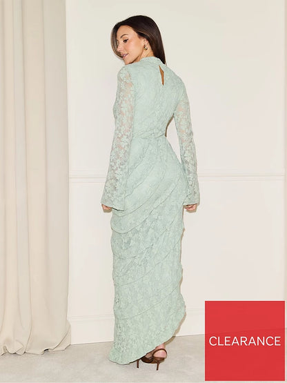 High Neck Lace Midaxi Dress - Green