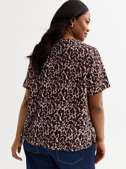 V-Neck Curve Leopard Print Button Up Top