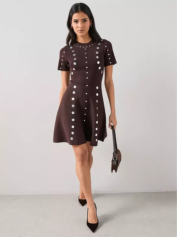 Stud Detail Knitted Dress - Brown
