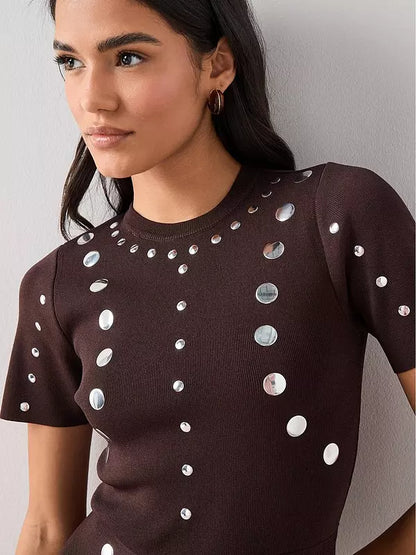 Stud Detail Knitted Dress - Brown