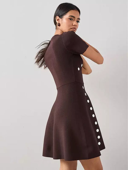 Stud Detail Knitted Dress - Brown